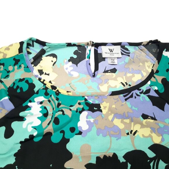 Worthington Top Womens Petite PM Green Floral Short Sleeve Keyhole 36 in Chest - Picture 6 of 13
